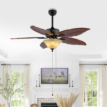 Poinciana 52" Coastal Bohemian Iron/Wood Palm Leaf LED Ceiling Fan with Pull Chain - JONATHAN Y